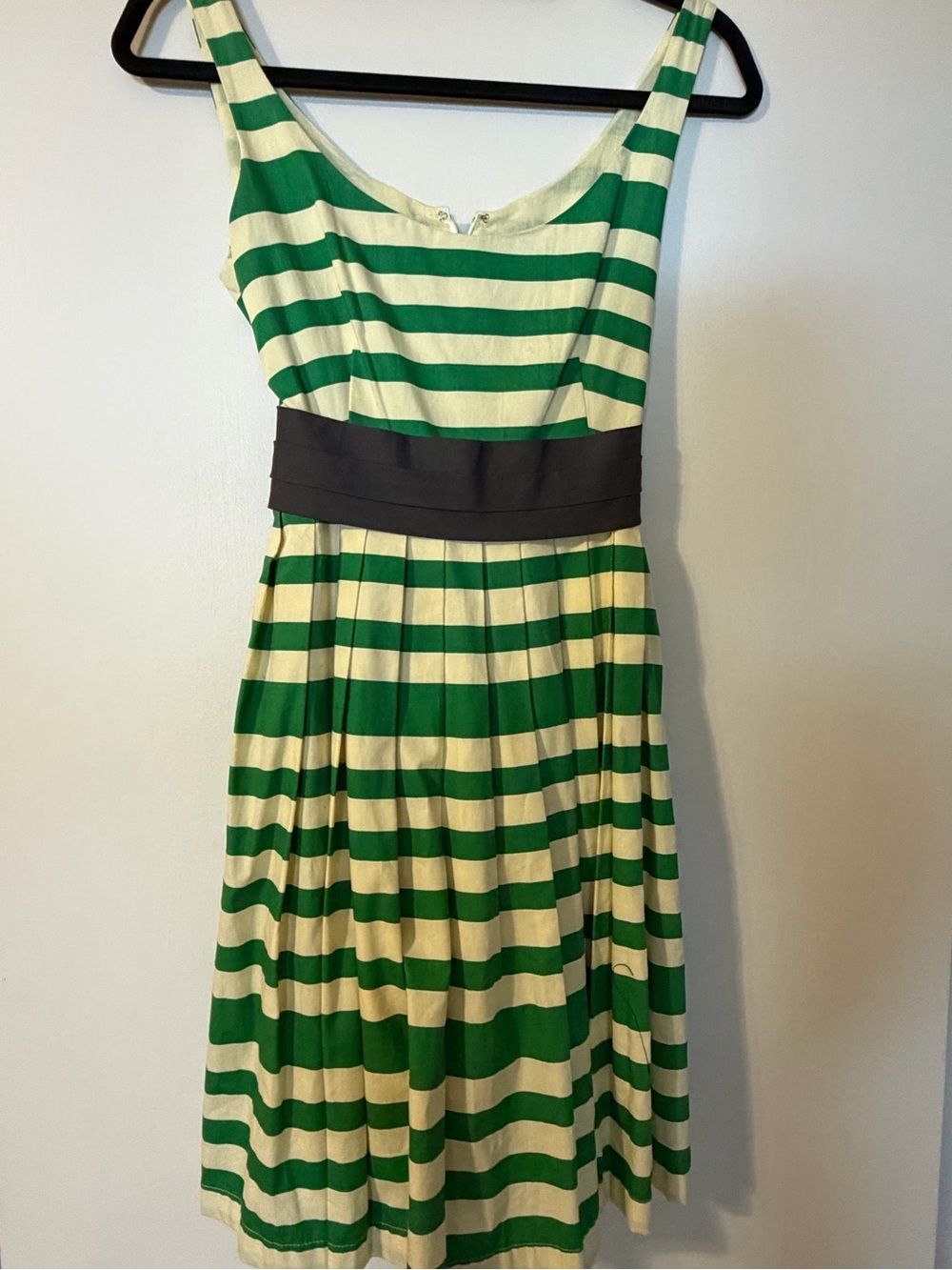 Anthropologie CoreyLynnCalter Green and Cream Striped Midi Dress Black Waistband